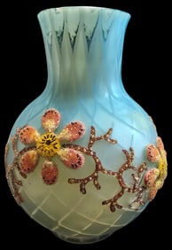 Beautiful Antique Blue Diamond Satin Vase /w Applied Coralene Floral Design