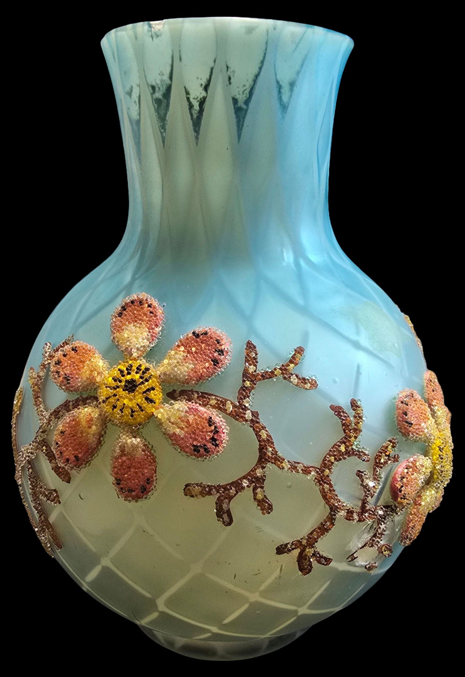 Beautiful Antique Blue Diamond Satin Vase /w Applied Coralene Floral Design (1 of 4)