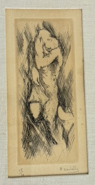 PIERRE ZUCCHELLI (French, 1920–1992) Numbered Etching "The Slave": Pierre Zucchelli (French, 1920–1992) Numbered Etching, "The Slave". Figural sketched etching. Signed lower right. Numbered 15/30 lower left. Titled and attributed verso. Very good vintage condition.