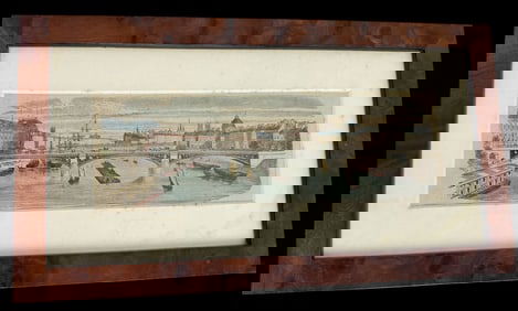 Antique 19th Century Hand Colored Woodcut Print of the Pont Du Carrousel in Paris, France