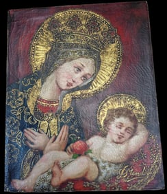 Vintage DIANA MENDOZA Peru 18th Century Style Religious Painting of the Virgin Mary adoring her
