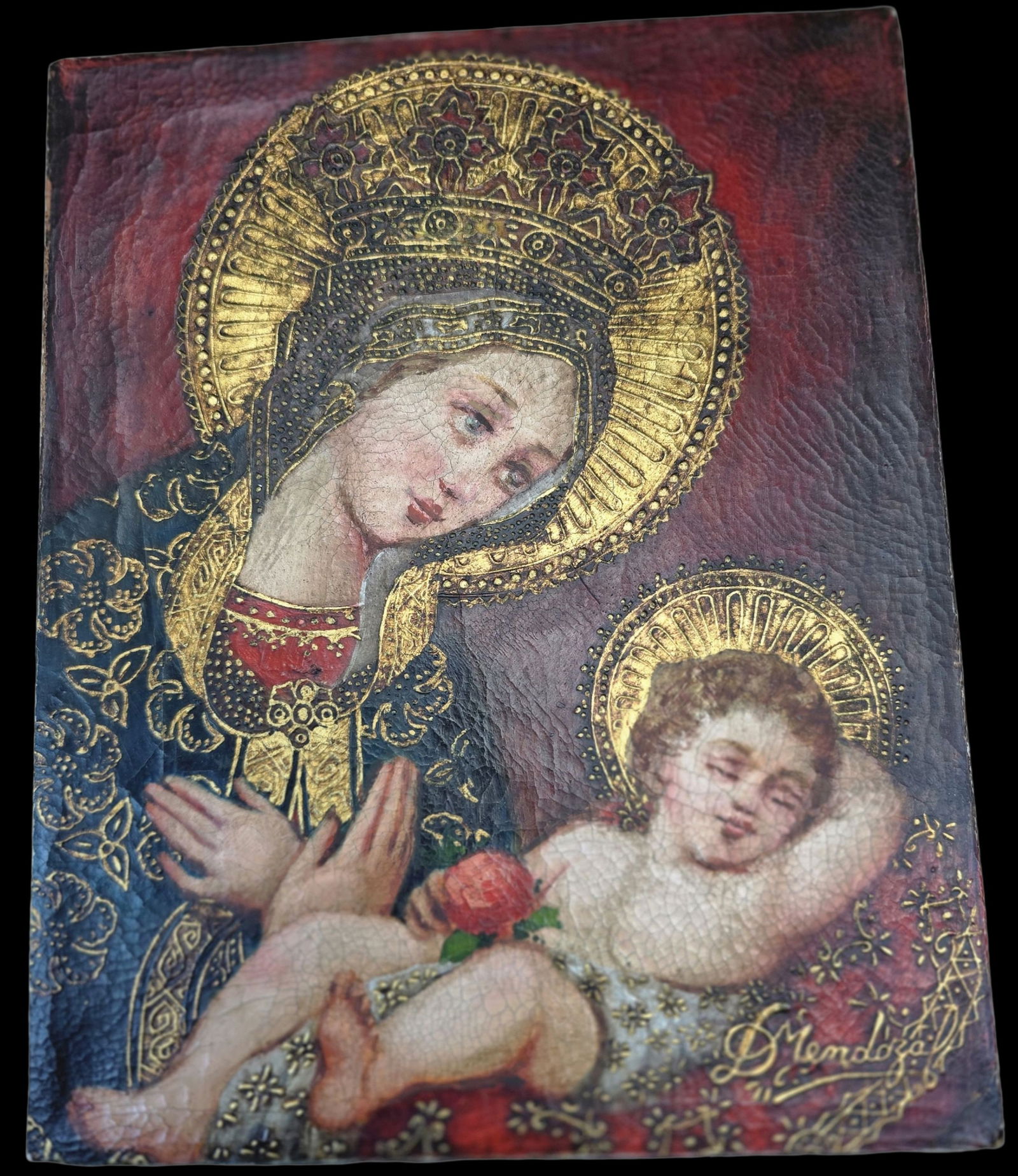 Vintage DIANA MENDOZA Peru 18th Century Style Religious Painting of the Virgin Mary adoring her (1 of 2)