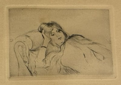 BERTHE MORISOT (French, 1841-1895) Original Drypoint Etching "Jeune fille au repos / Reclining girl"