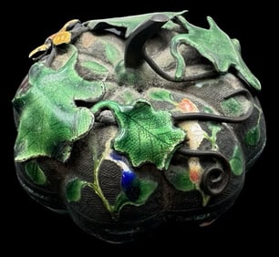 Ornate Vintage Chinese Silver Metal & Enamel Pumpkin Trinket Box