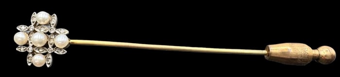 Antique 19th Century French 18K Gold & Platinum Stick Pin/w Pearls & Diamonds