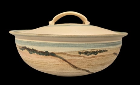 Vintage Studio Art Pottery Ceramic Tan Glaze Bowl /w Lid - Signed