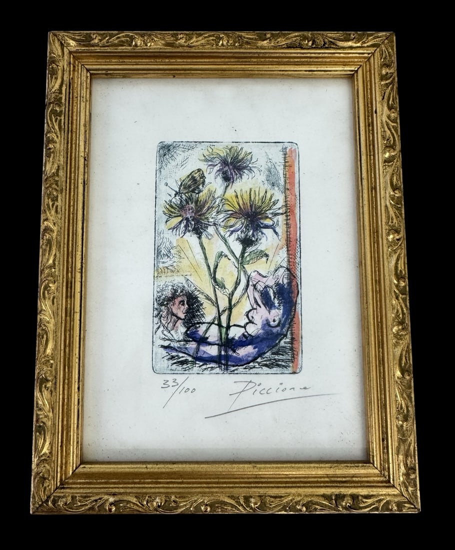 Very Unusual Vintage Limited Edition Hand Colored Etching signed "Piccione": Very good vintage condition with minor patina according to age. Measures approx. 8" high x 6" wide.