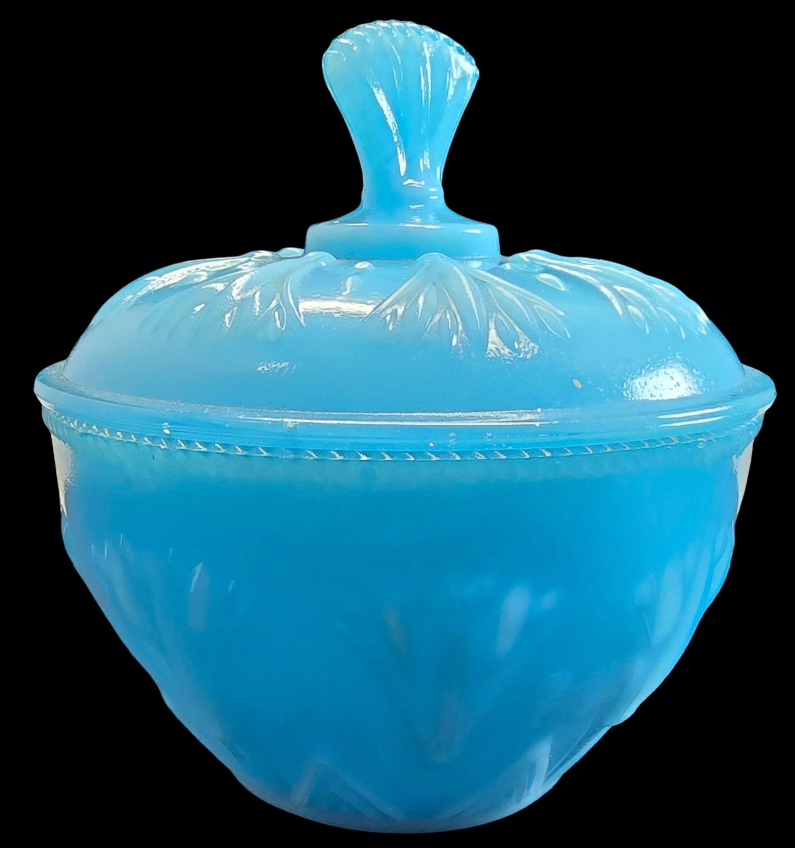 Beautiful Vintage Satin Blue Milk Glass Lidded Candy Dish: Very good vintage condition; no chips, cracks or repairs. Measures approx. 5" high x 5" wide.