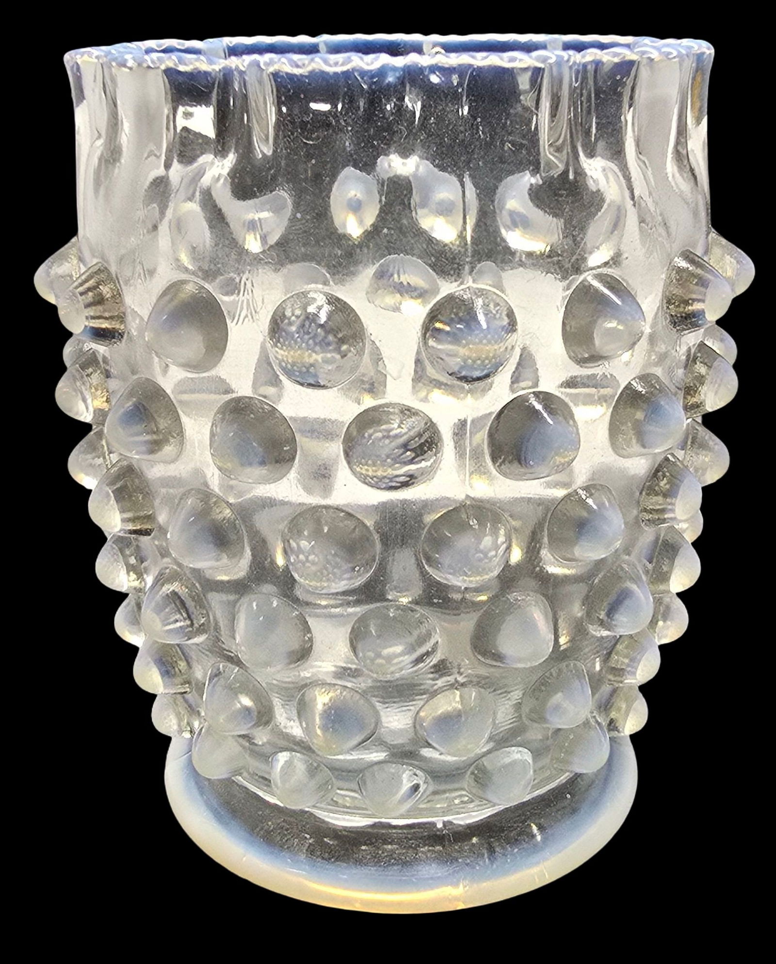 Unusual Vintage ELSON Opalescent Dewdrop Hobnail Footed Glass /w Ruffled Edge: Very good vintage condition; no chips, cracks or repairs. Measures approx. 4 1/2" high x 3" wide.