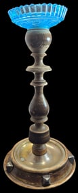Antique ca. 1900 European Turned Wood & Blue Art Glass Candleholder