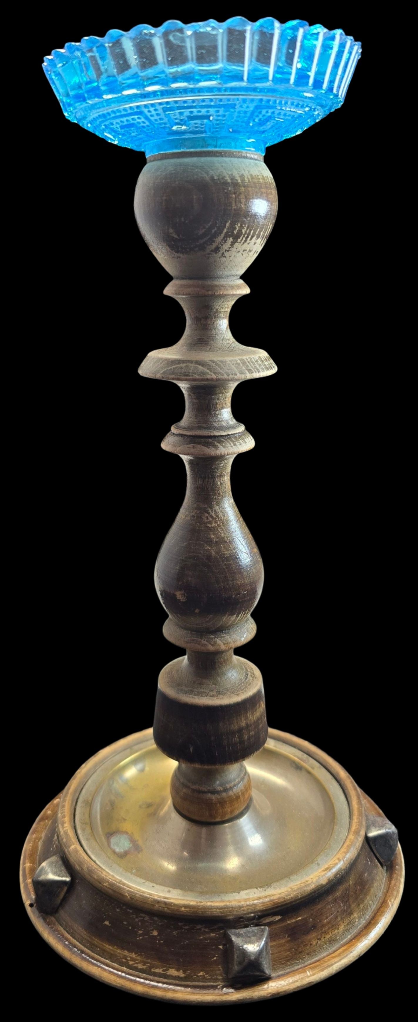 Antique ca. 1900 European Turned Wood & Blue Art Glass Candleholder: Very good vintage condition; no chips, cracks or repairs. Measures approx. 9 1/2" high x 5" wide.