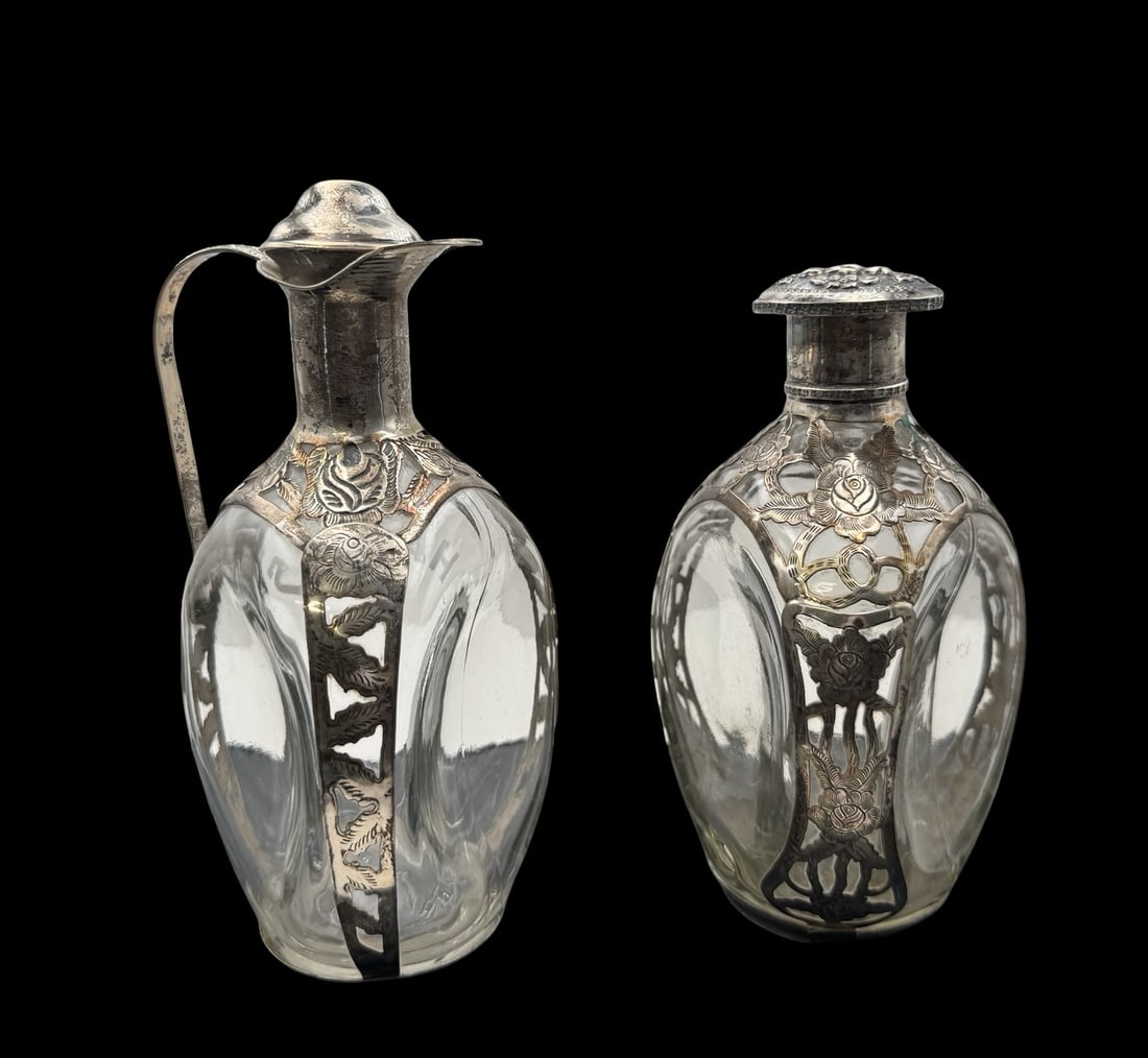 Pair of Ornate Vintage Mid-Century Mexican Sterling Silver Overlay Decanter Bottles (1 of 11)