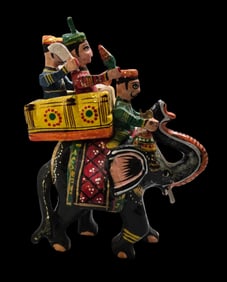 Vintage Hand Painted Indian Ambawadi Elephant Riders Figurine for Good Luck