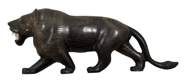 Vintage Hand Carved Black Hardwood Lion Sculpture