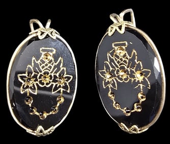 Unusual Victorian Golt-Tone Metal & Black Onyx Clips