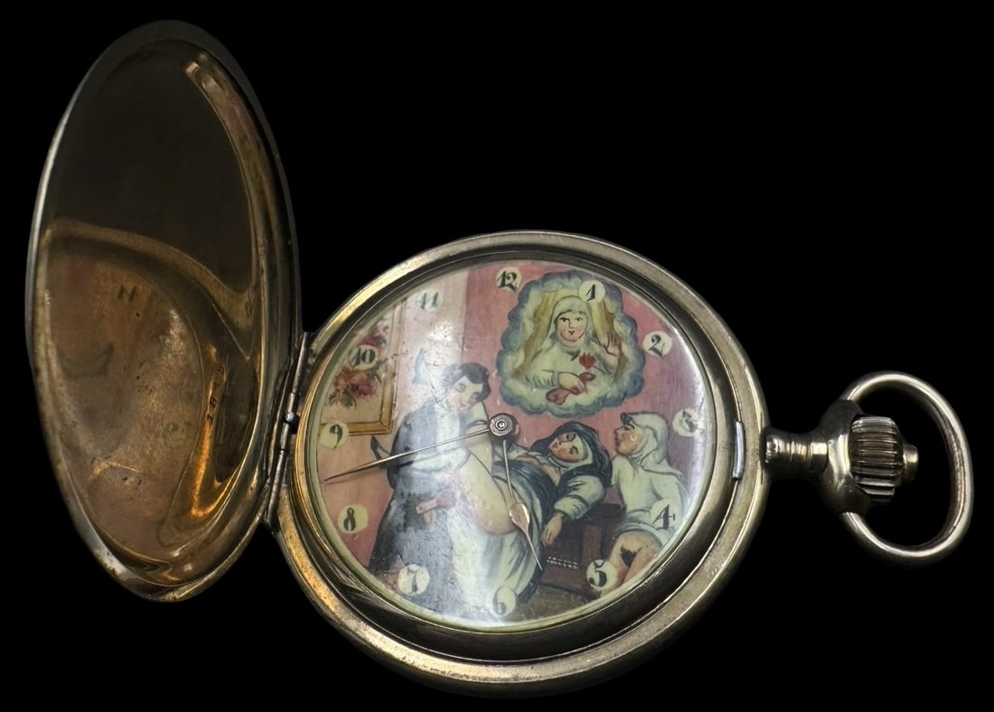 Rare Antique JUNGHANS Germany Vintage Gold-Tone Metal Pocket Watch /w Erotic Scene (1 of 4)