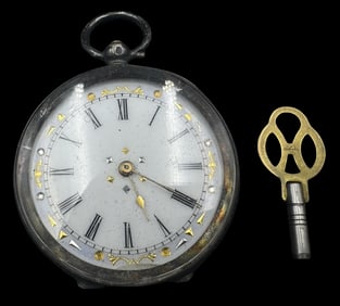 Gorgeous Antique European 800 Silver Pocket Watch /w Key
