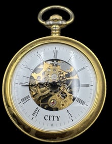 Stylish Vintage CITY Gold-Tone Metal Skeleton Pocket Watch