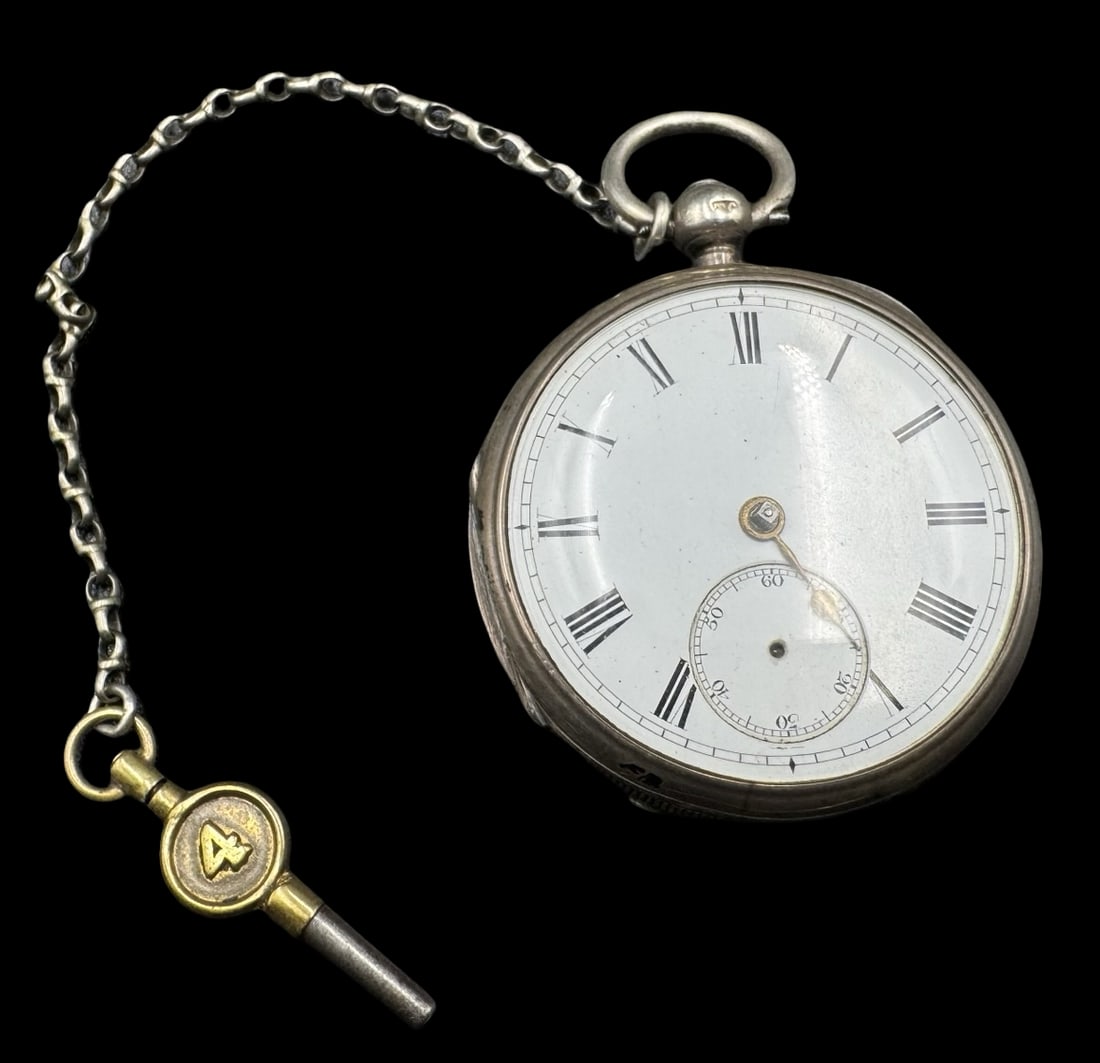 Great Antique British Sterling Silver Verge Fusee Pocket Watch /w Chain & Key (1 of 3)
