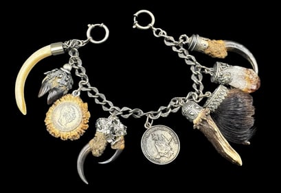 Stunning Antique Central European 800 Silver Pocket Watch Chain /w Hunting Trophies