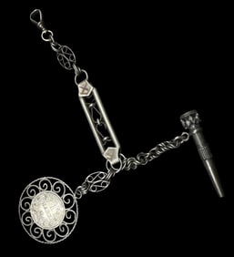 Antique German Empire 800 Silver Pocket Watch Chain Fob /w Coin and Winding Key