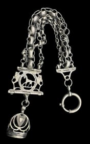 Very Unusual Antique European 800 Silver Horse Themed Pocket Watch Chain /w Fob