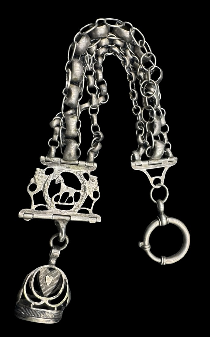 Very Unusual Antique European 800 Silver Horse Themed Pocket Watch Chain /w Fob (1 of 5)
