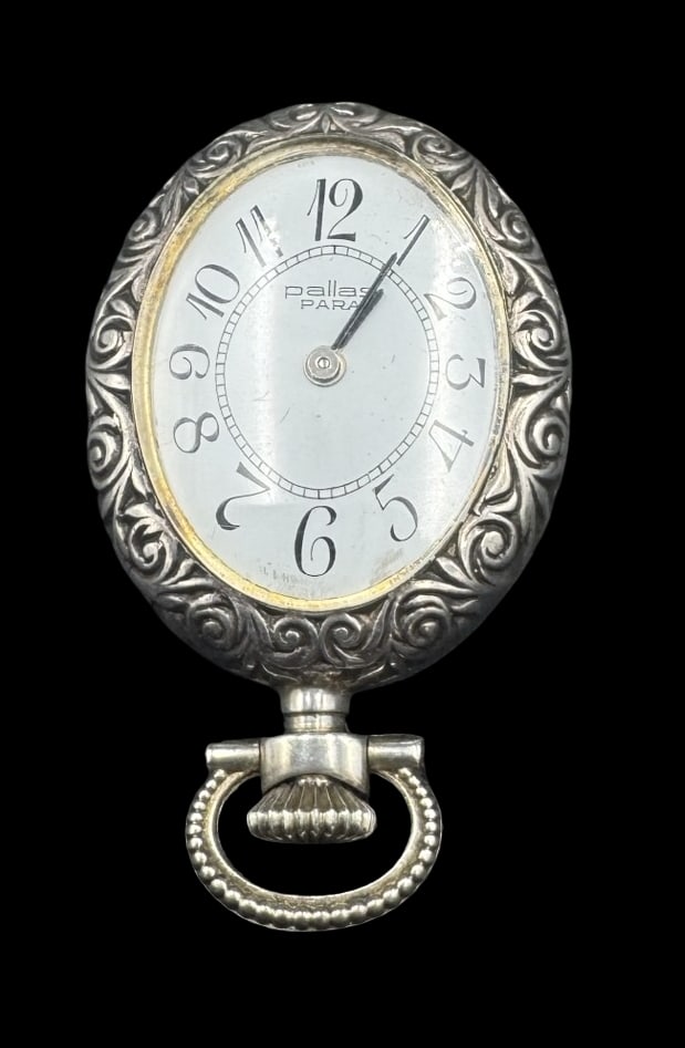 Beautiful Vintage PALLAS Sterling Silver Pendant Watch: Very good vintage condition with minor patina according to age. Measures approx. 1 1/4" long x 1" wide and weighs ca. 17.3 grams. Marked for silver.