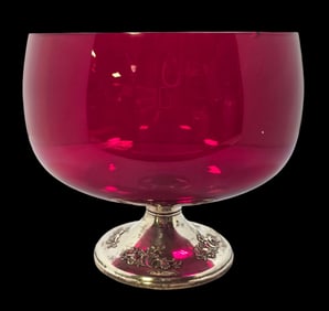 Vintage GORHAM Sterling Silver & Ruby Red Art Glas Footed Bowl