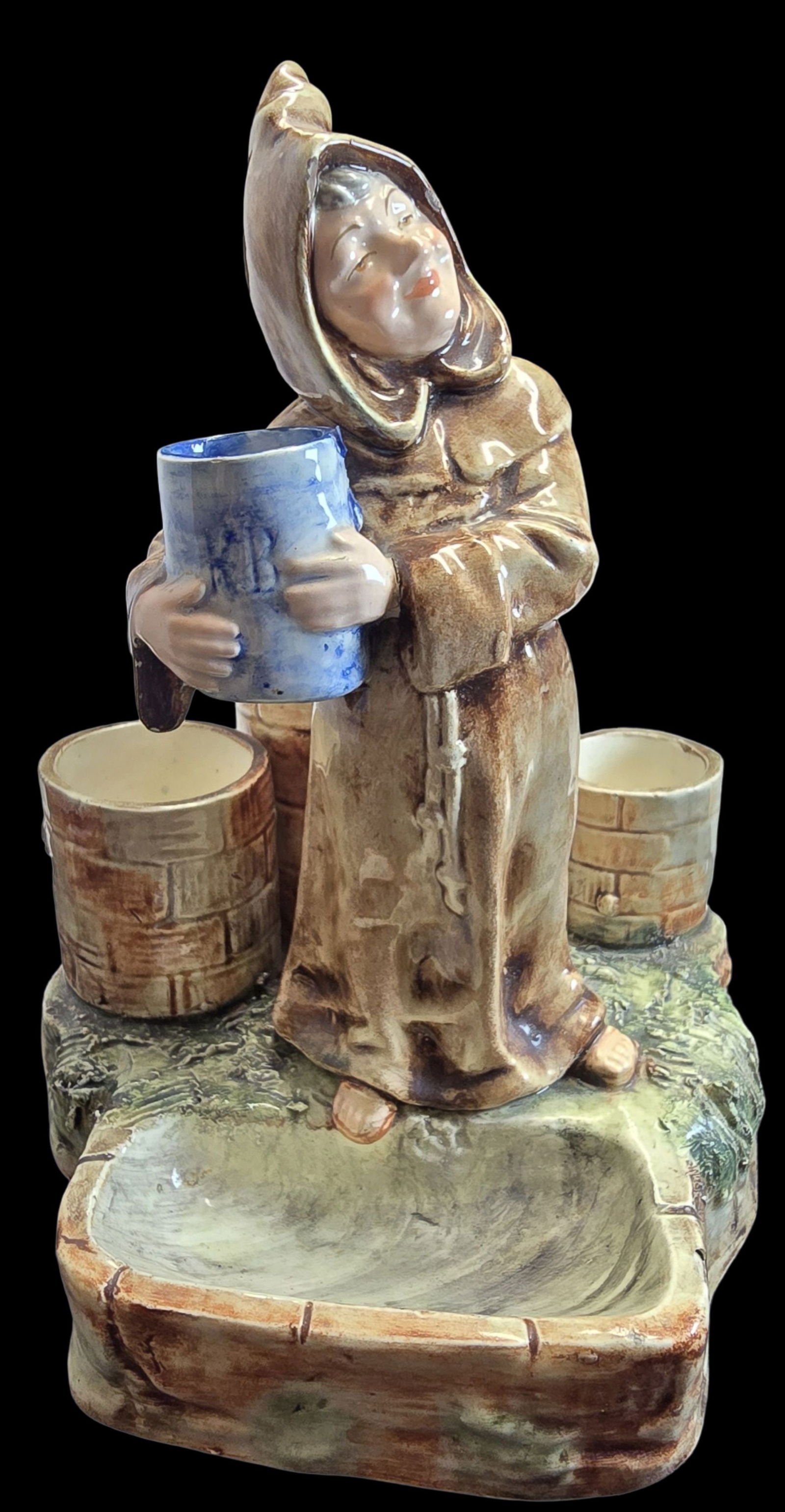 Whimsical Antique German/Austrian Majolica Monk Tobacco Smoking Set: Very good vintage condition with minor wear according to age, please see pictures. No chips, cracks or repairs. Measures approx. 8 1/2" high x 6" wide.