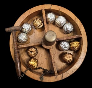 Unusual Antique Wooden Nutcracker /w Hammer and Divider Bowl