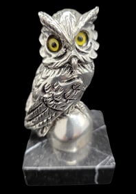 Whimsical Vintage Cast Metal Owl Sculpture /w Glass Eyes