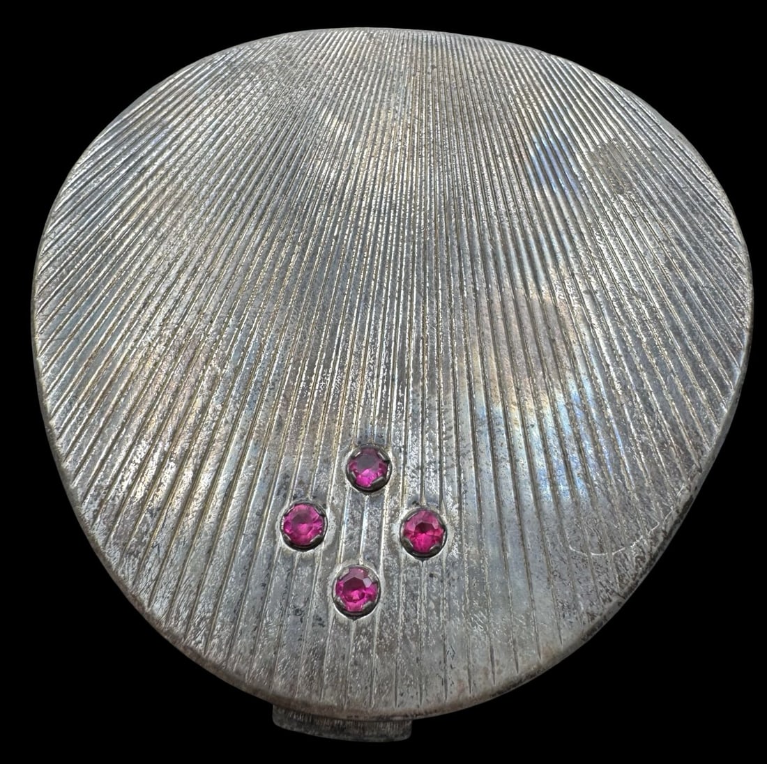 Stylish Vintage ca. 1940 Art Deco Sterling Silver & Pink Gemstone Powder Compact Mirror Case: Very good vintage condition with minor patina according to age. Measures approx. 3" long and 2 7/8" wide & weighs ca. 84.4 grams. Marked for Sterling Silver.