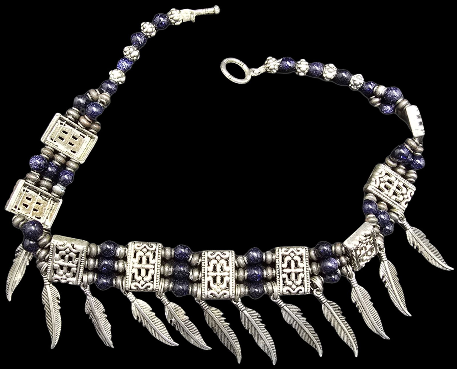 Gorgeous Ornate Vintage Sterling Silver Necklace/w Blue Gemstones & Feather Pendants: Very good vintage condition with minor patina according to age. Measures approx. 14" long and weighs ca. 53 grams. Marked for Sterling Silver.