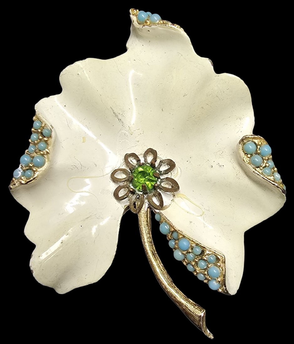 Unusual Vintage ART Enamel & Gemstone Flower Shaped Victorian Revival Costume Jewelry Brooch (1 of 2)