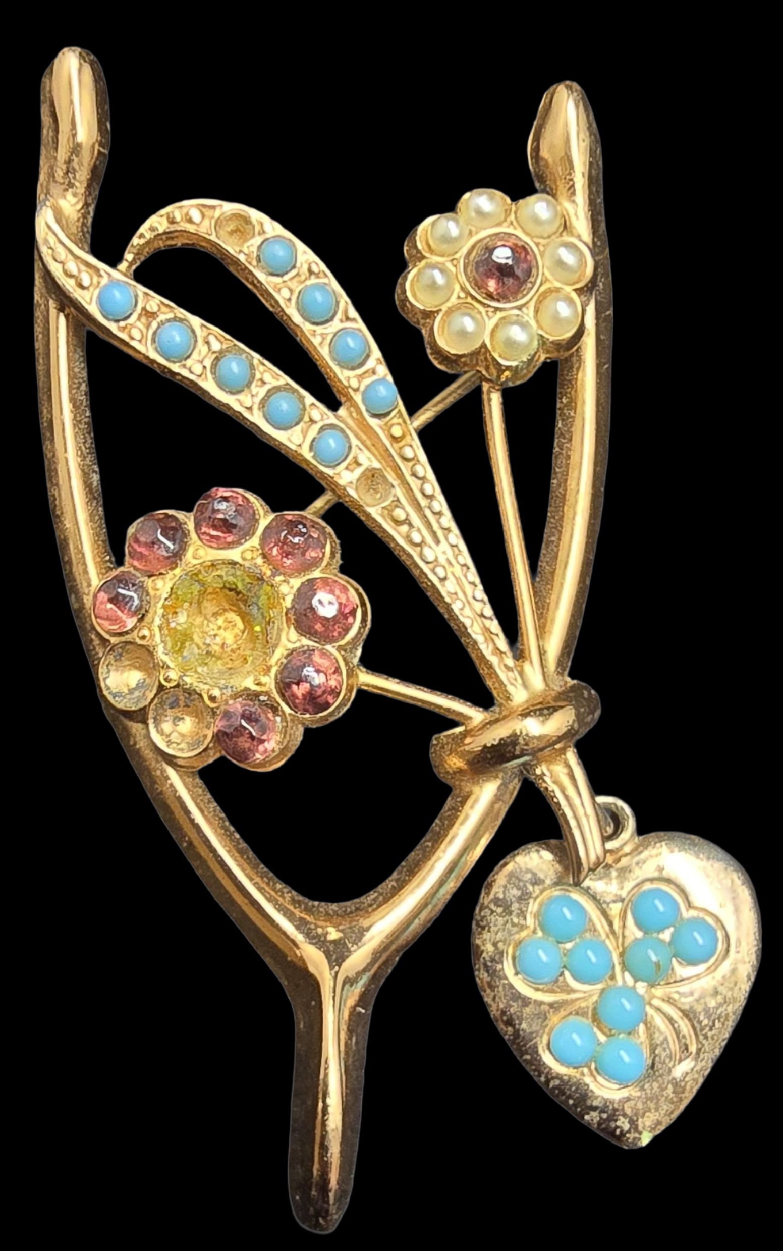 Gorgeous Vintage CORO Gilt Sterling Silver & Multi-Color Gemstone Collarbone Good Luck Brooch (1 of 2)