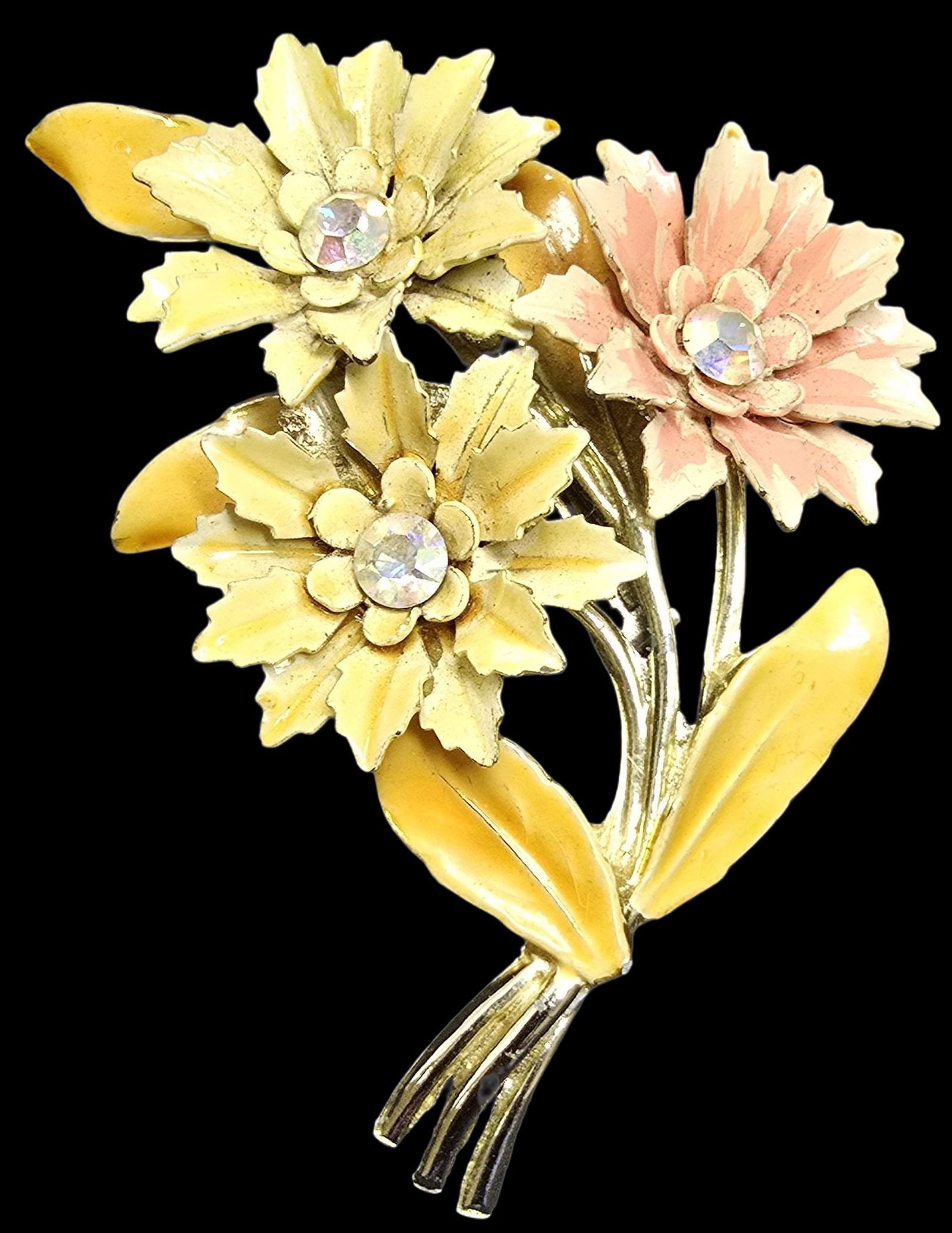 Gorgeous Vintage Mid-Century CORO Gold-Tone Metal, Enamel & Rhinestone Costume Jewelry Floral Brooch: Very good vintage condition with minor patina according to age. Measures approx. 2" long x 3" wide and weighs ca. 24 grams. Marked.