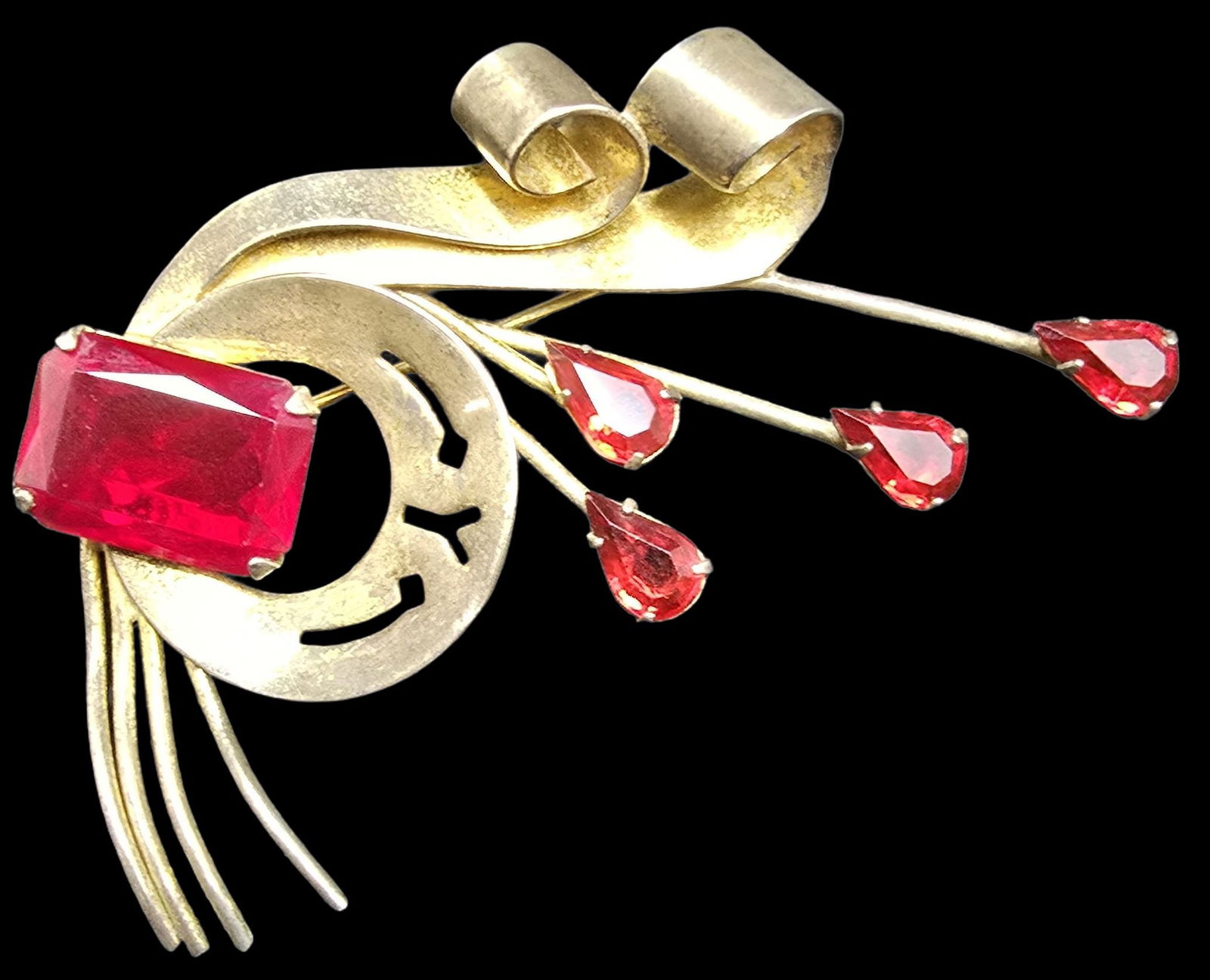 Stunning Vintage Mid-Century Gilt Sterling Silver & Red Gemstone Brooch Pin (1 of 2)