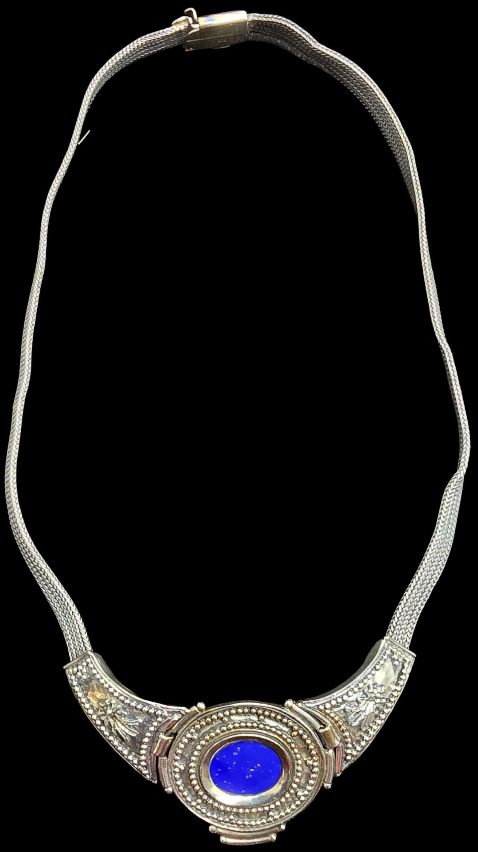 Gorgeous Vintage Sterling Silver Multi-Strand Herringbone Chain Choker Necklace /w Blue Gemstone: Very good vintage condition with minor patina according to age. Measures approx. 16" long and weighs ca. 40 grams. Marked for Sterling Silver.