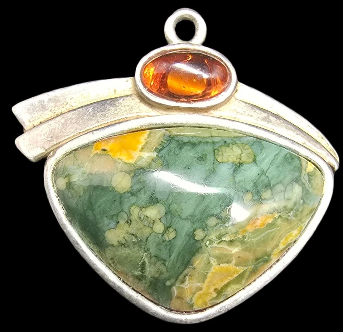 Gorgeous Vintage Sterling Silver Designer Pendant /w Rhyolite & Amber (1 of 2)