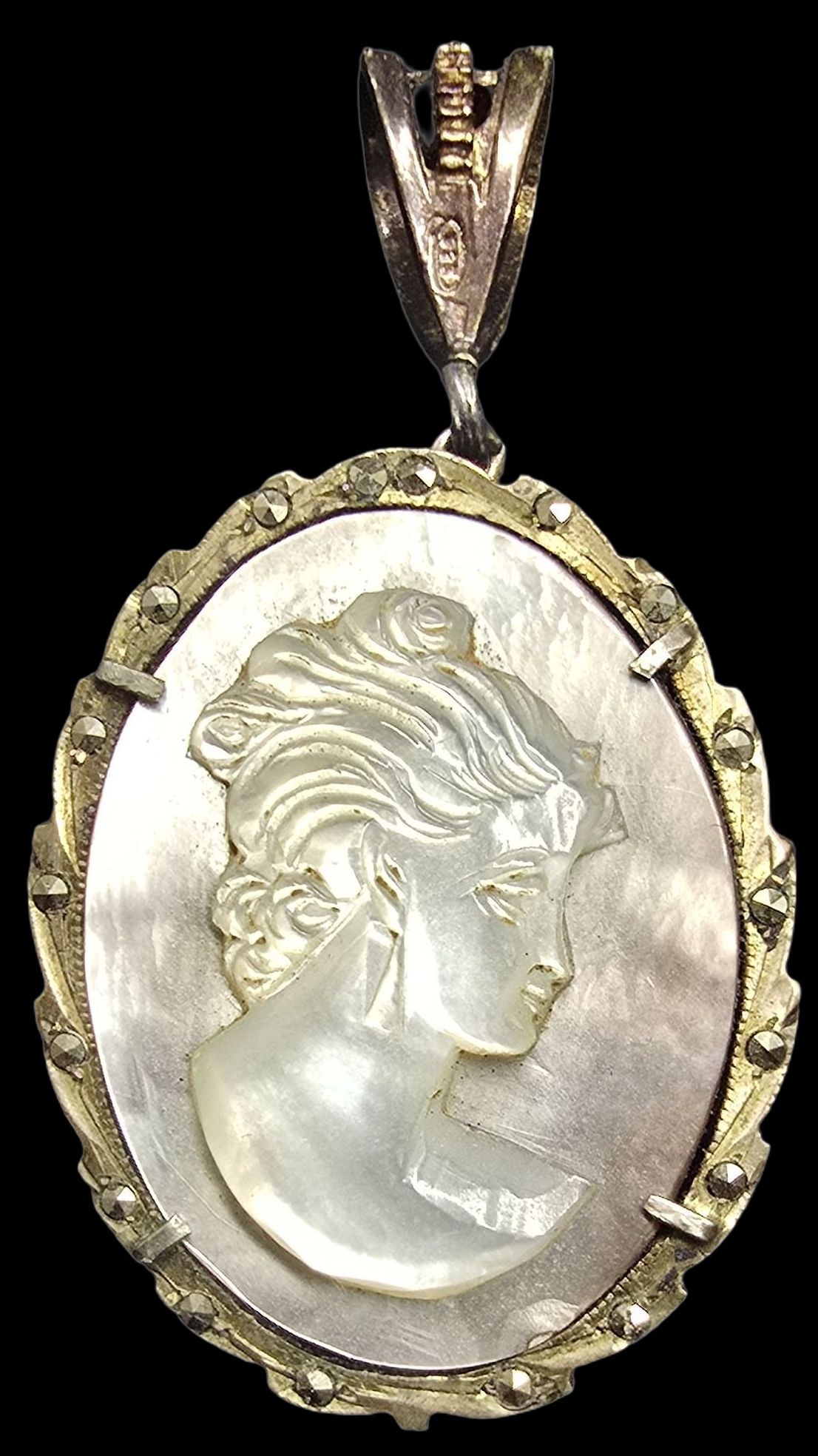 Gorgeous Antique European 800 Silver & MOP Cameo Pendant Brooch (1 of 3)