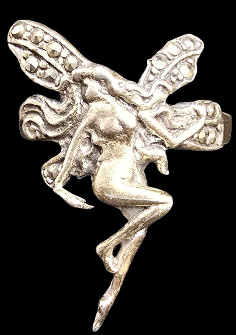Unusual Vintage Art Nouveau Style Sterling Silver Fairy Ring: Very good vintage condition with minor patina according to age. Measures approx. 1" long and weighs ca. 3.5 grams. The ring is a size 8.5. Marked for Sterling Silver.