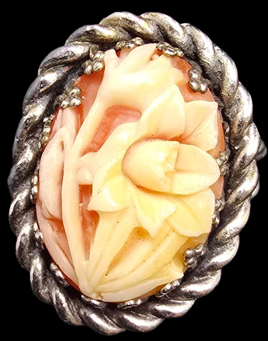 Amazing Ornate Vintage Sterling Silver Twisted Rope & Flower Cameo Ring (1 of 4)