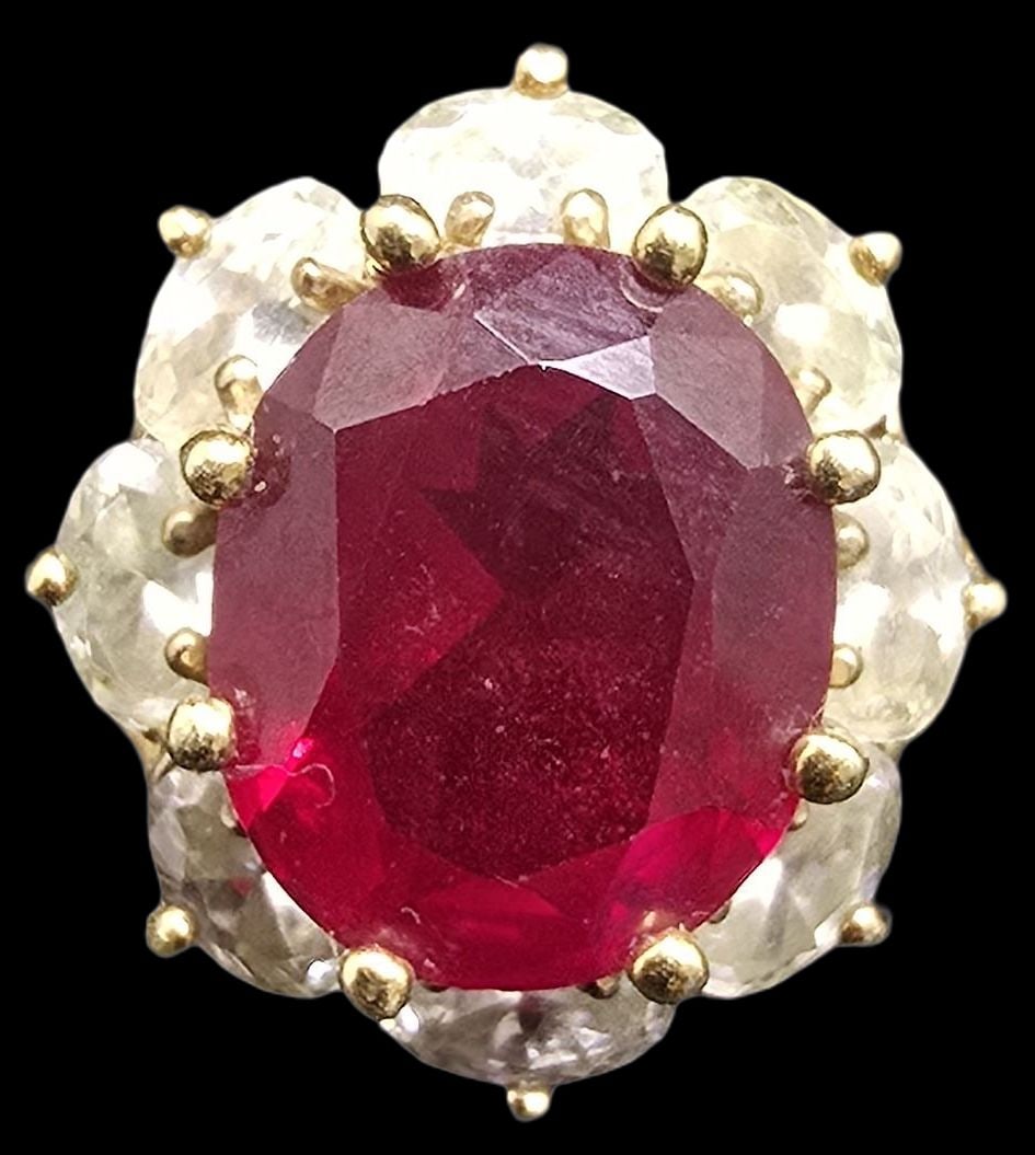 Amazing Vintage Gilt Sterling Silver Ring /w Clear & Red Gemstone (1 of 4)