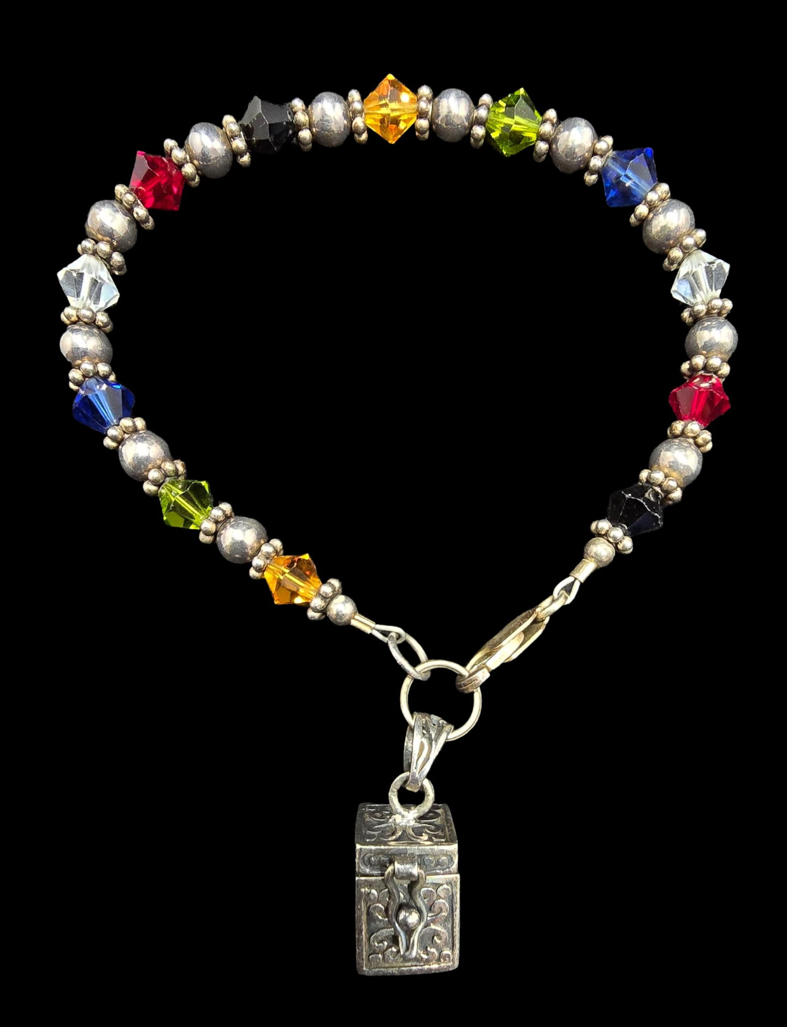 Unusual Vintage Sterling Silver & Multi-Color Gemstone Bracelet /w Locket Box Pendant (1 of 4)