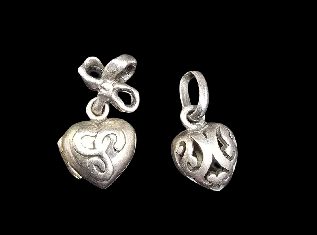 Whimsical Lot of 2 Vintage Sterling Silver Heart Pendant Charms - One Locket (1 of 4)