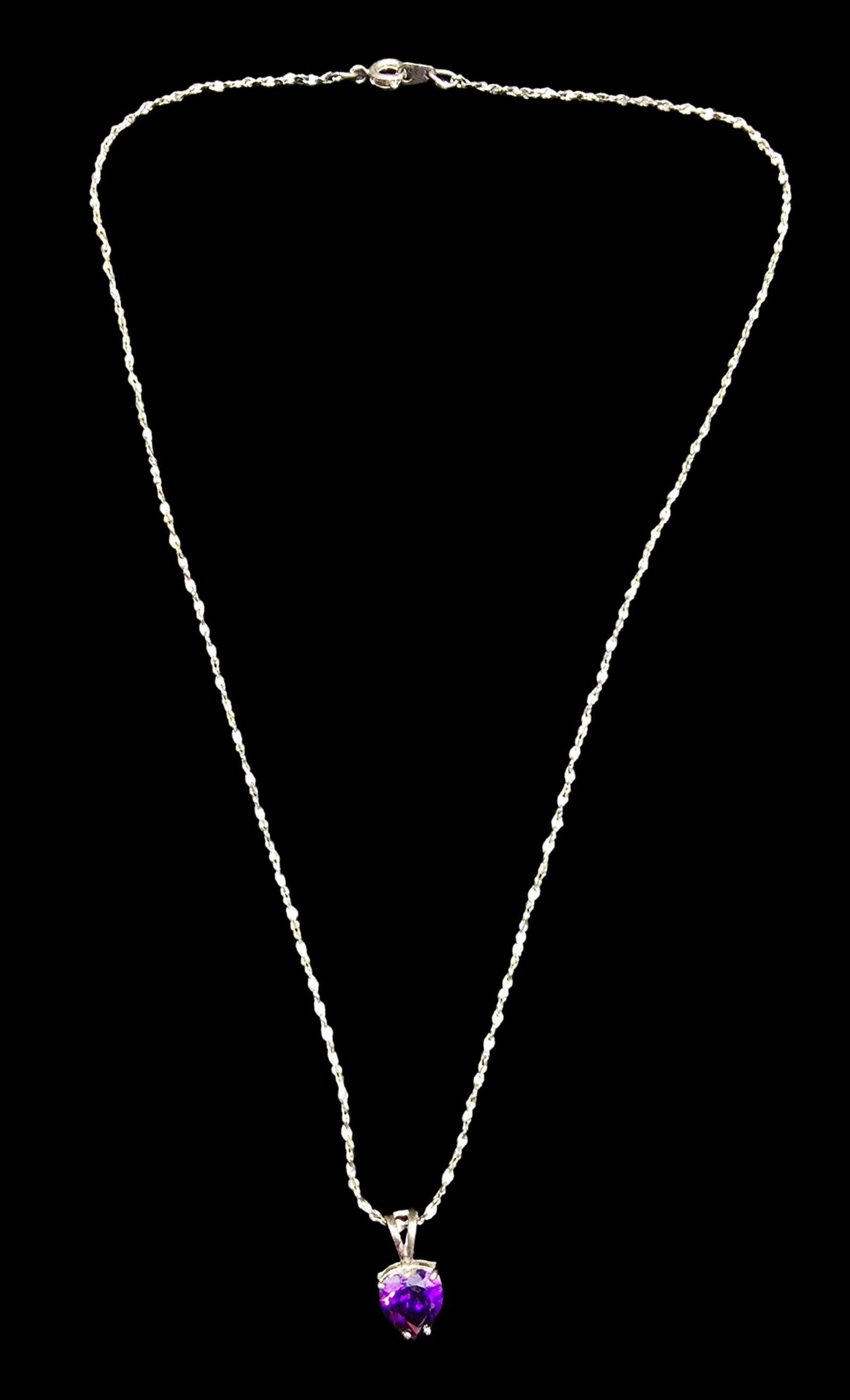 Gorgeous Vintage Sterling Silver Necklace/w Purple Gemstone Heart Pendant: Very good vintage condition with minor patina according to age. Measures approx. 18" long and weighs ca. 4 grams. Marked for Sterling Silver.