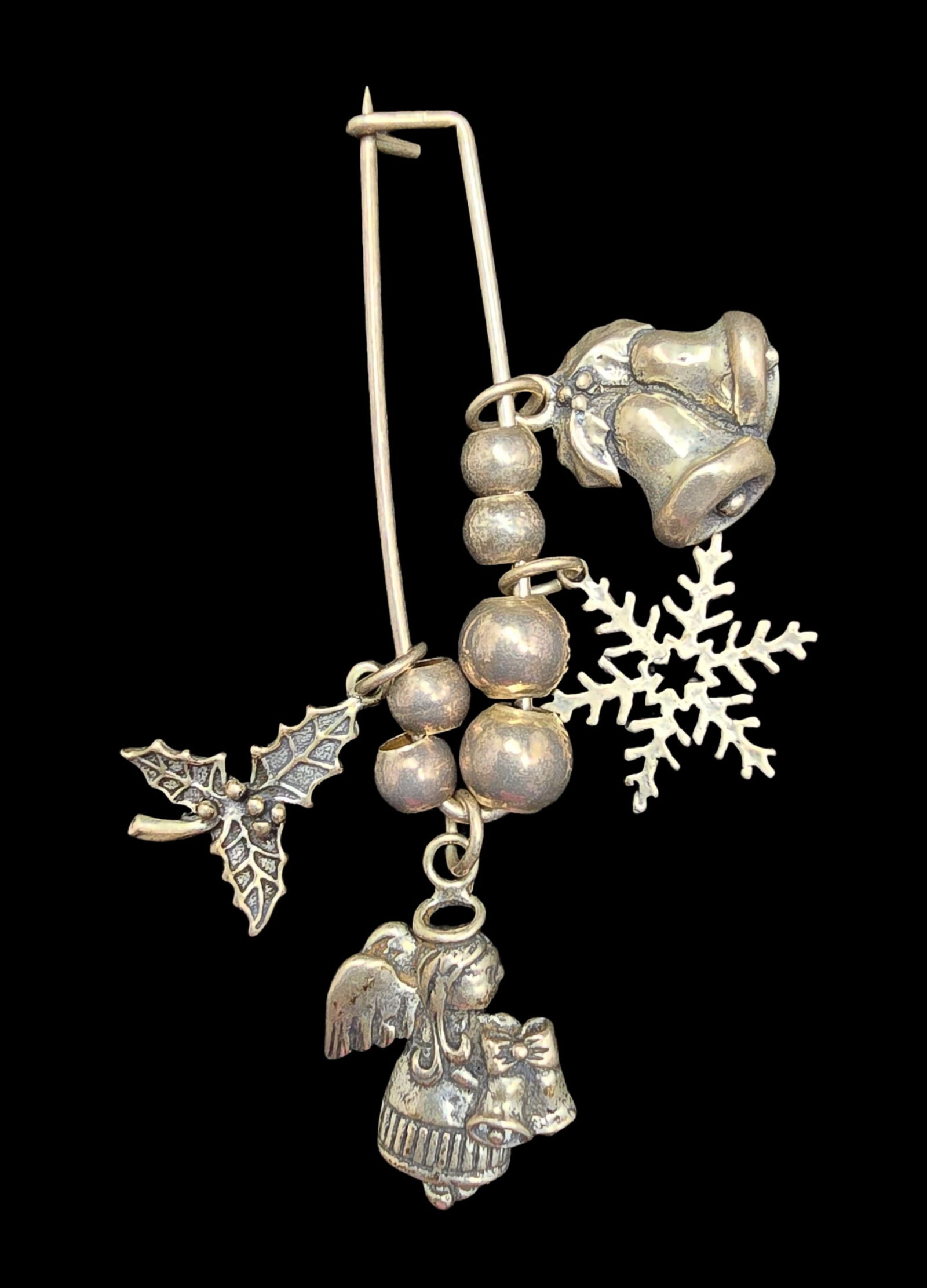 Whimsical Vintage Sterling Silver Brooch /w Christmas Pendant Charms (1 of 3)