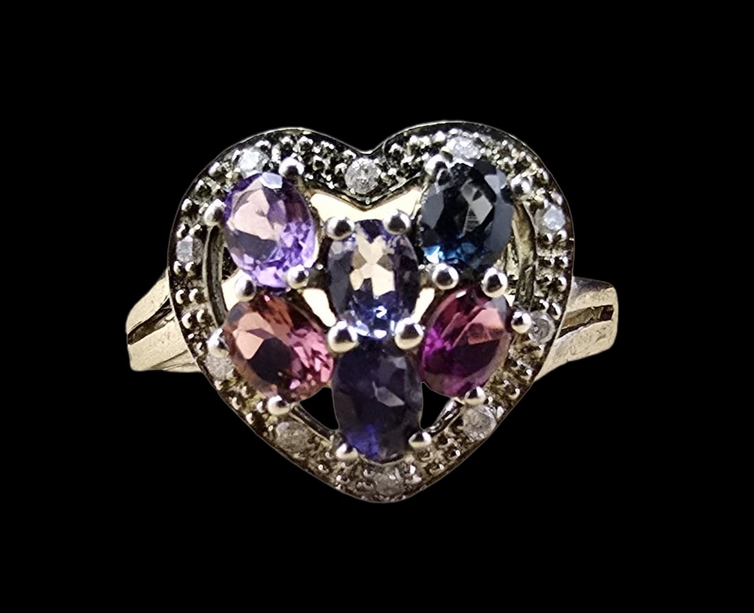 Gorgeous Vintage Gilt Sterling Silver Heart Ring /w Gemstones (1 of 4)
