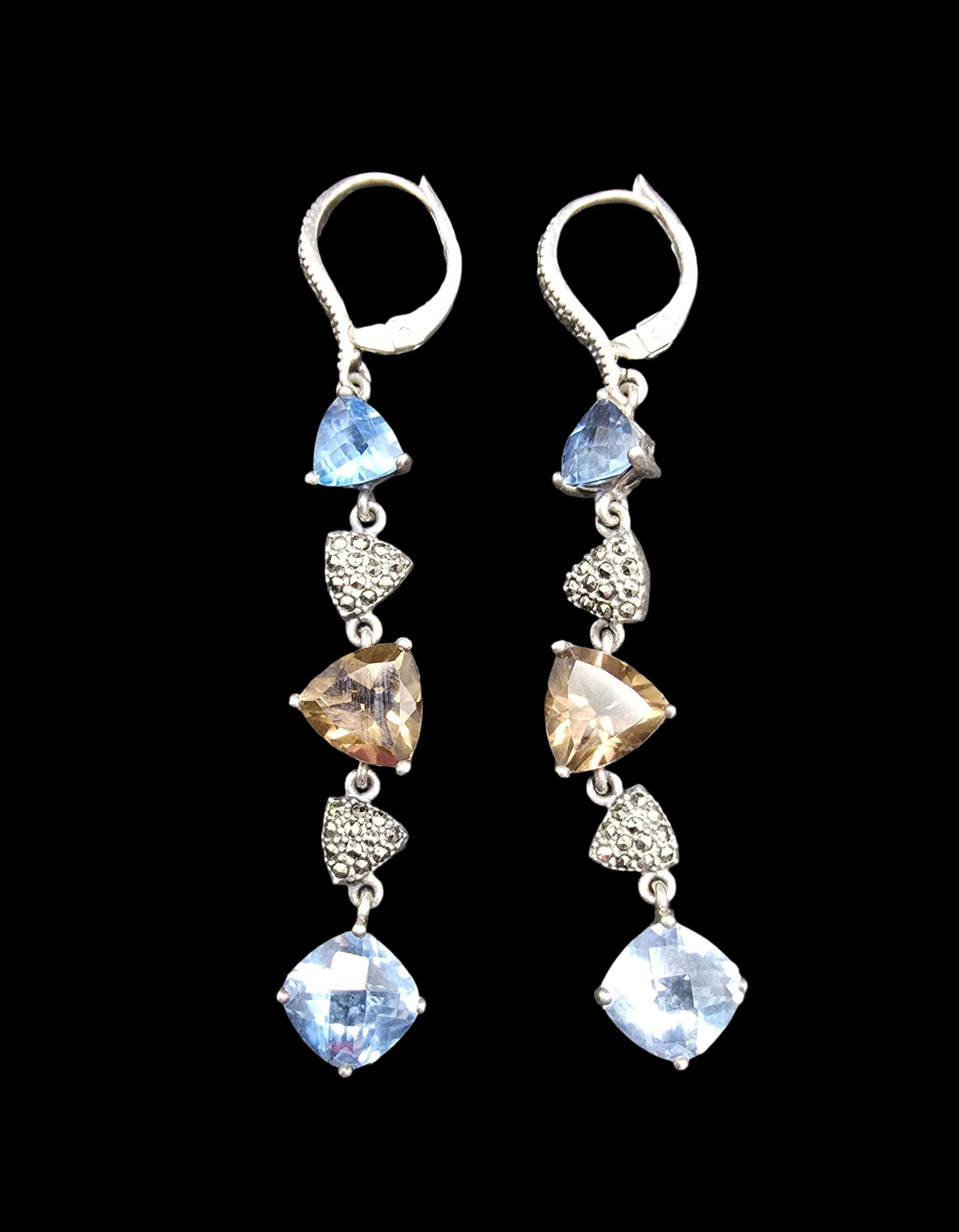 Very Elegant Vintage Sterling Silver /w Blue & Amber Gemstone Designer Chandelier Earrings (1 of 3)